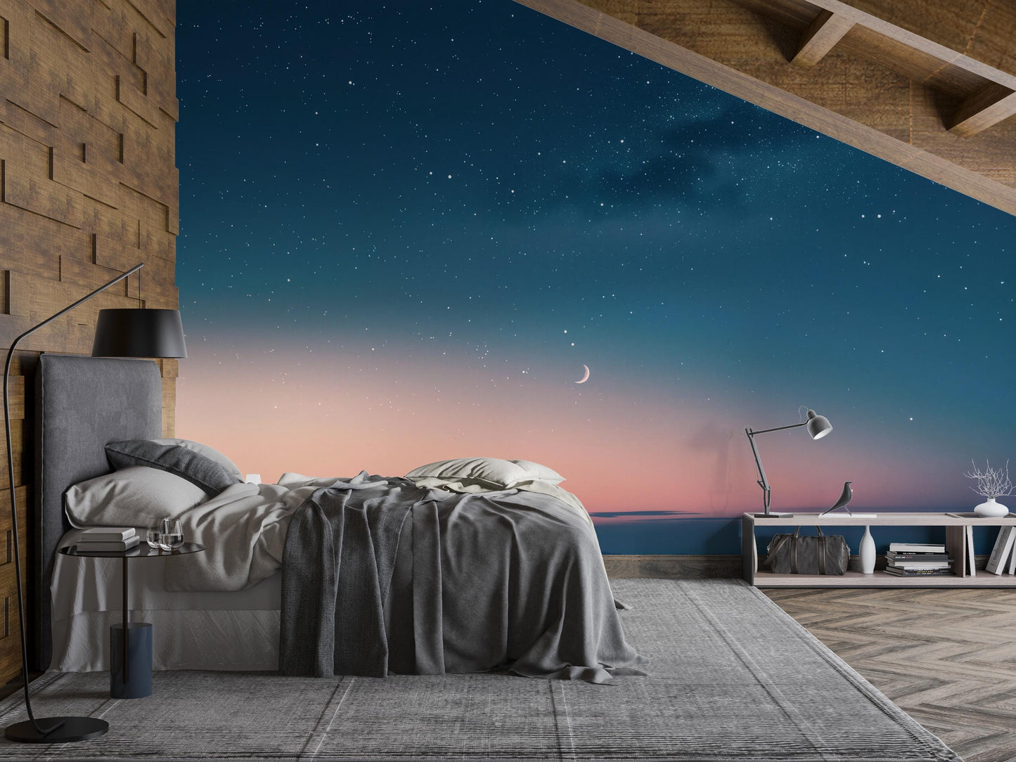 Starry Night Sky Wall Mural – Moon and Galaxy Wallpaper, Cosmic Accent Wall Decor for Bedroom, Living Room or Meditation Space  Vn1078