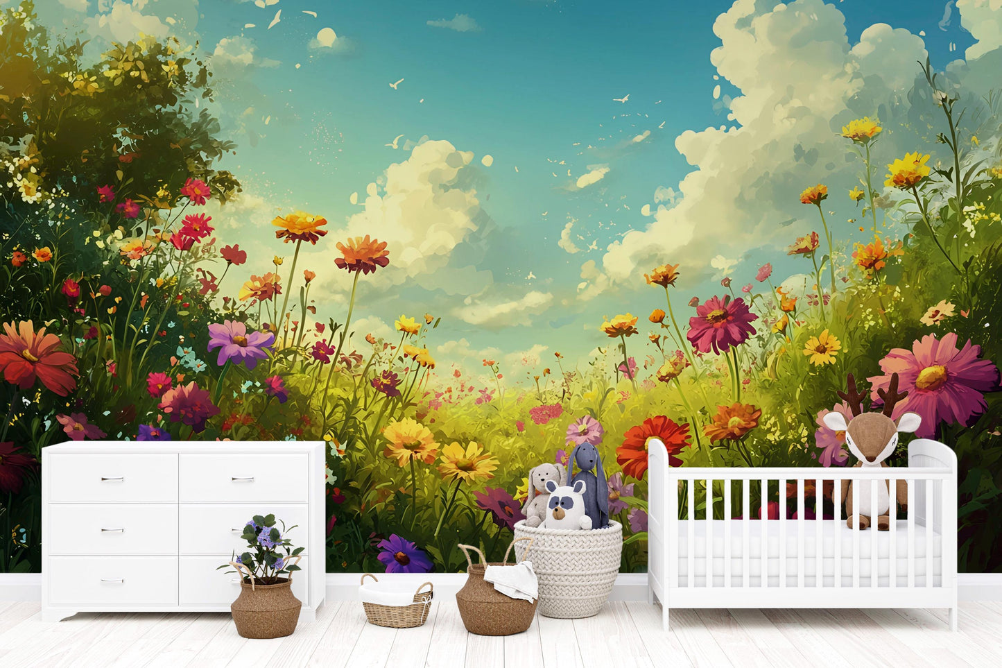 Whimsical Floral Meadow Wall Mural for Kids Room – Vibrant Nature Wallpaper Vn706