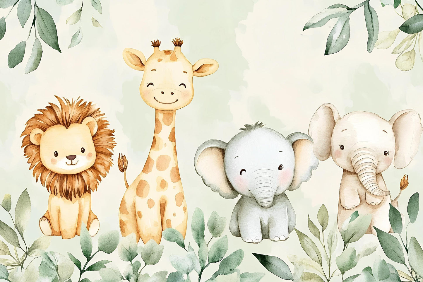 Safari Jungle Wall Mural – Cute Lion Giraffe Elephant Nursery Wallpaper Vn990