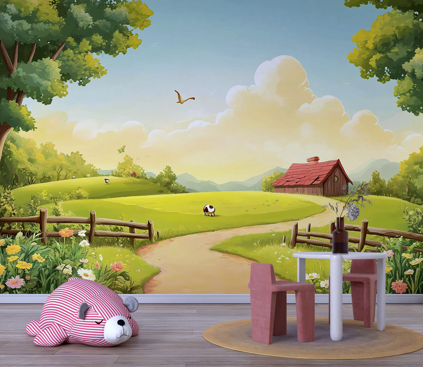 Whimsical Farm Animal Nursery Wall Mural – Pastoral Landscape Baby Room Wallpaper – Cartoon Country Wall Art for Kids Room Decor Vn621