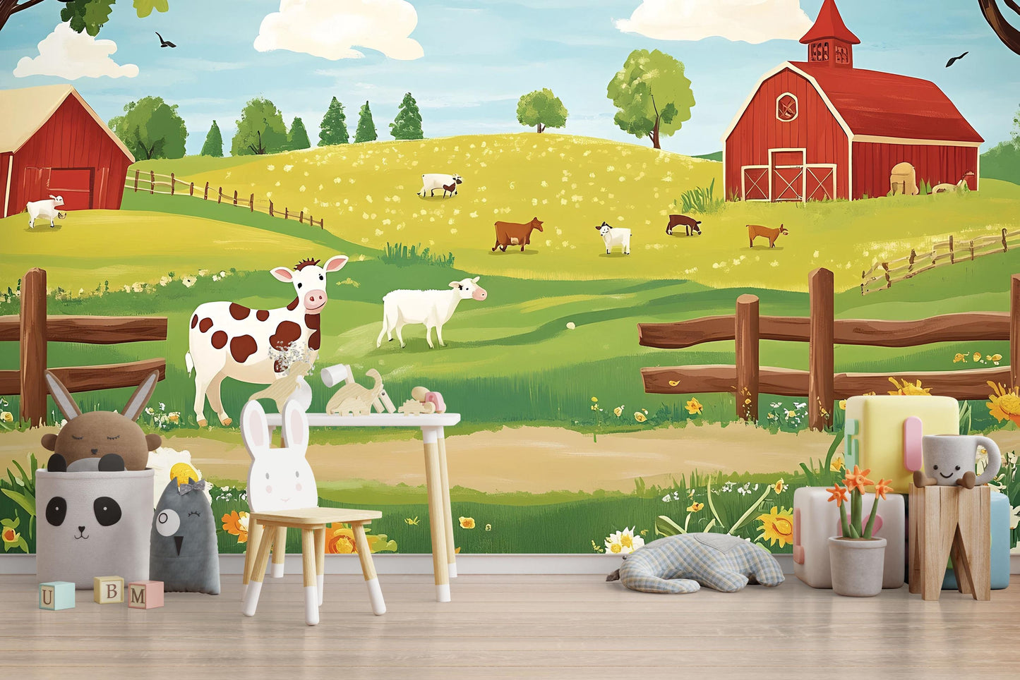 Farm Animal Wall Mural for Nursery – Cute Cow & Barnyard Scene – Kids Room Wallpaper – Pastoral Wall Art – Removable Vinyl Decal Vn625