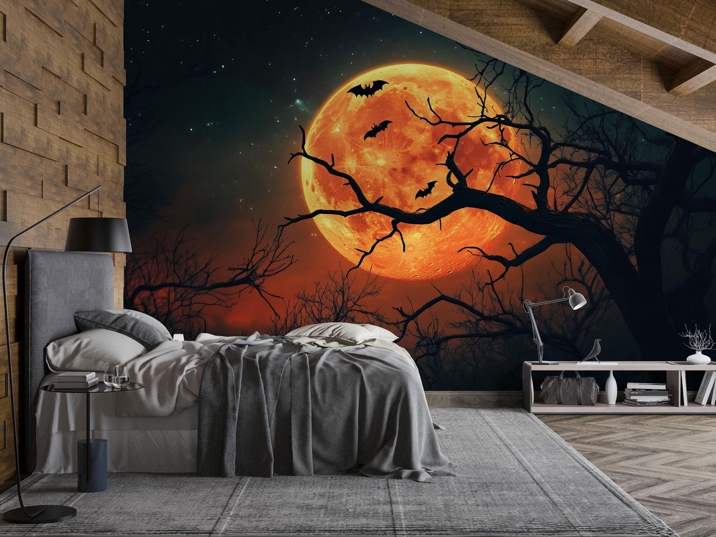 Halloween Full Moon & Bats Wall Mural – Spooky Night Scene Vn804