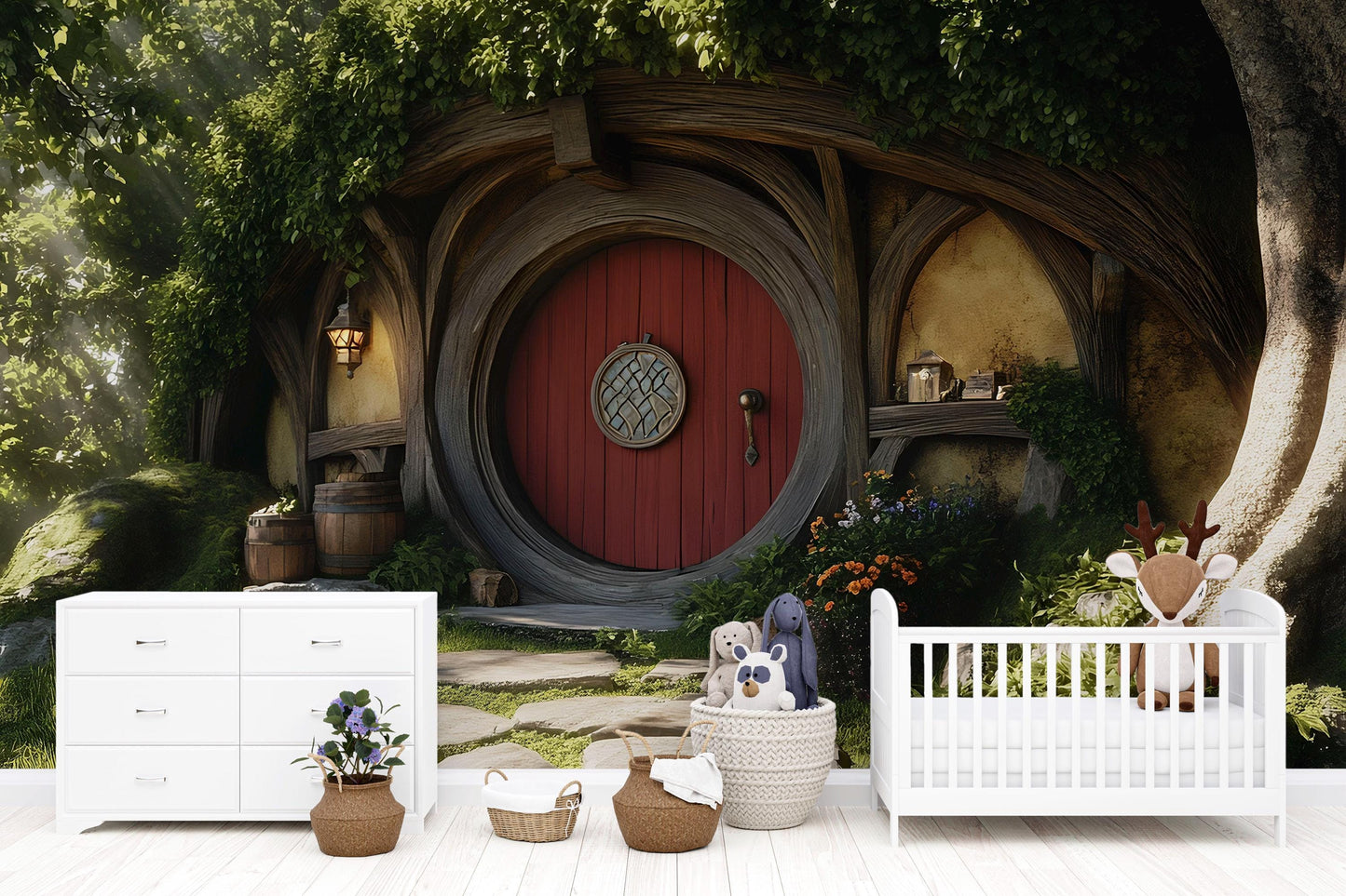 Hobbit Nursery Wall Mural – Fantasy Woodland Door Backdrop | Cozy Kids Room Decor | Enchanted Hobbit Hole Wallpaper Vn606