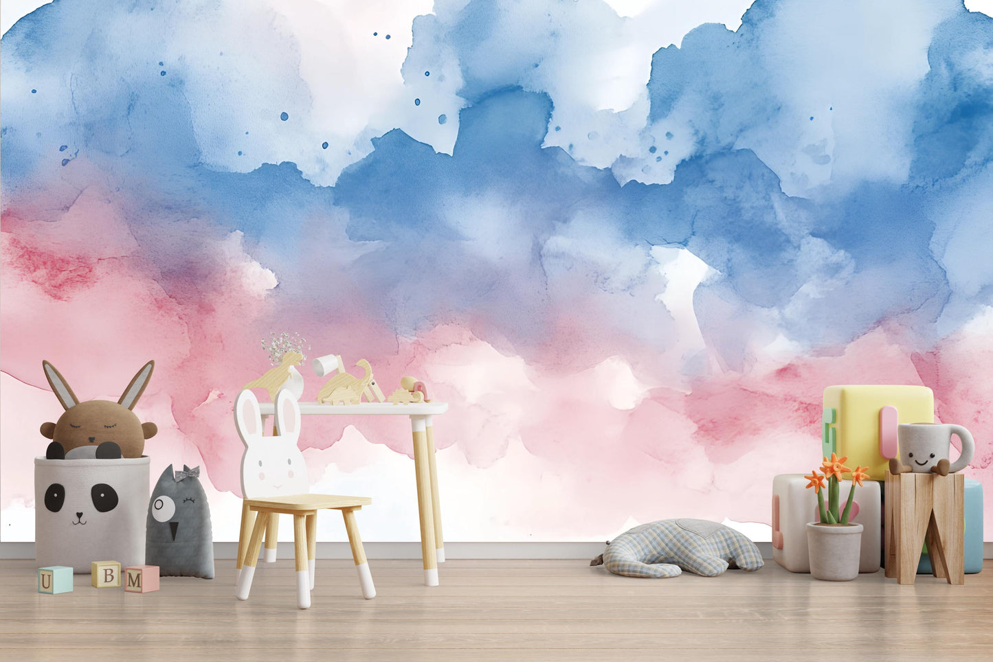 Watercolor Wall Mural for Kids Room – Blue Pink Ombre Nursery Wallpaper – Abstract Cloudy Sky Art Vn557