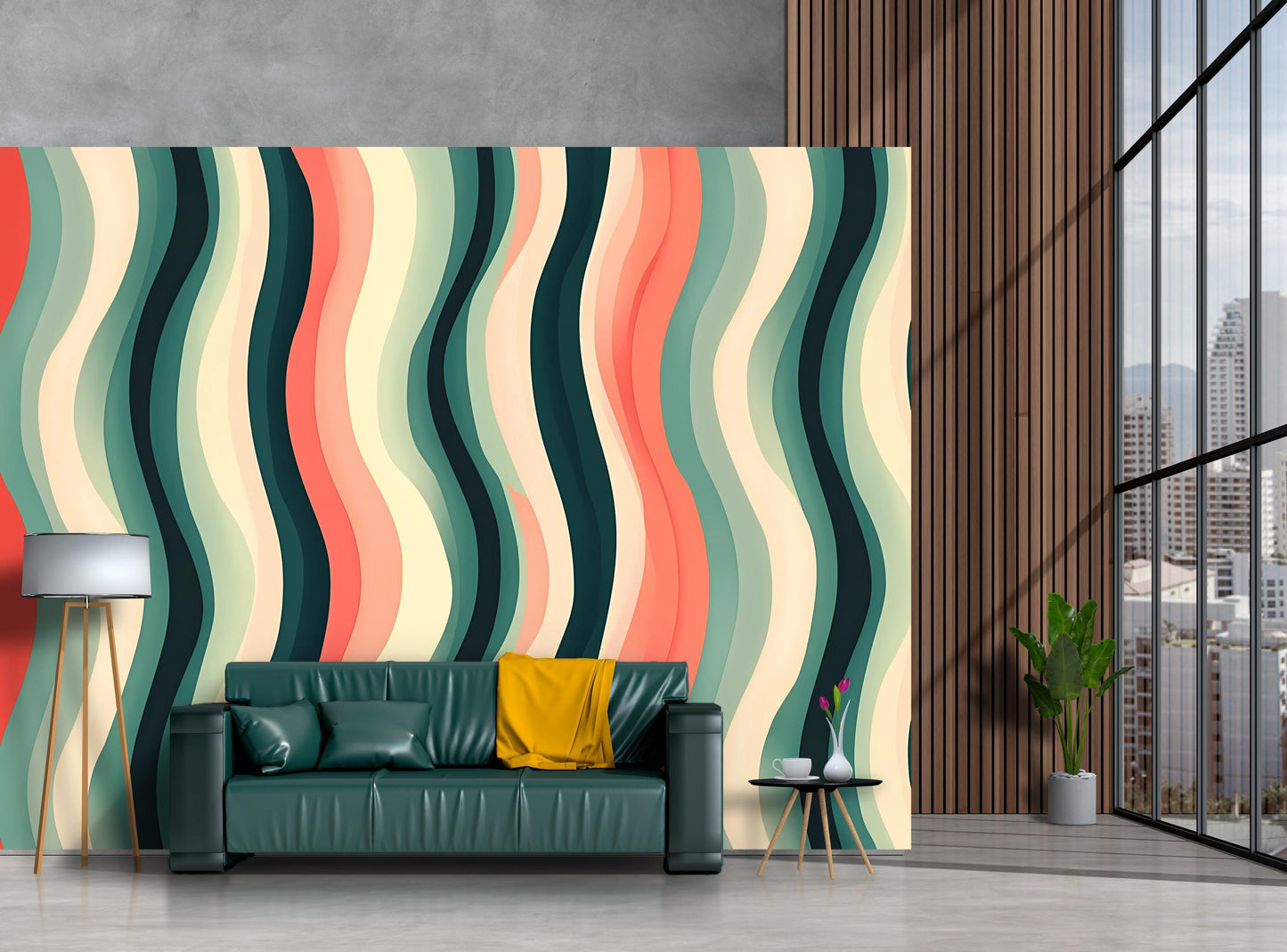 Retro Wavy Stripes Wallpaper – Funky Mid Century Modern Wall Mural Vn1022