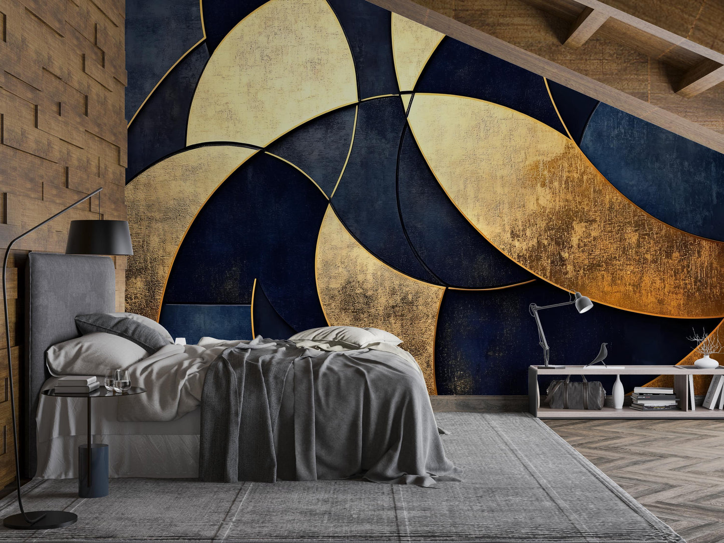 Gold Navy Abstract Wall Mural – Luxury Geometric Wallpaper Vn964