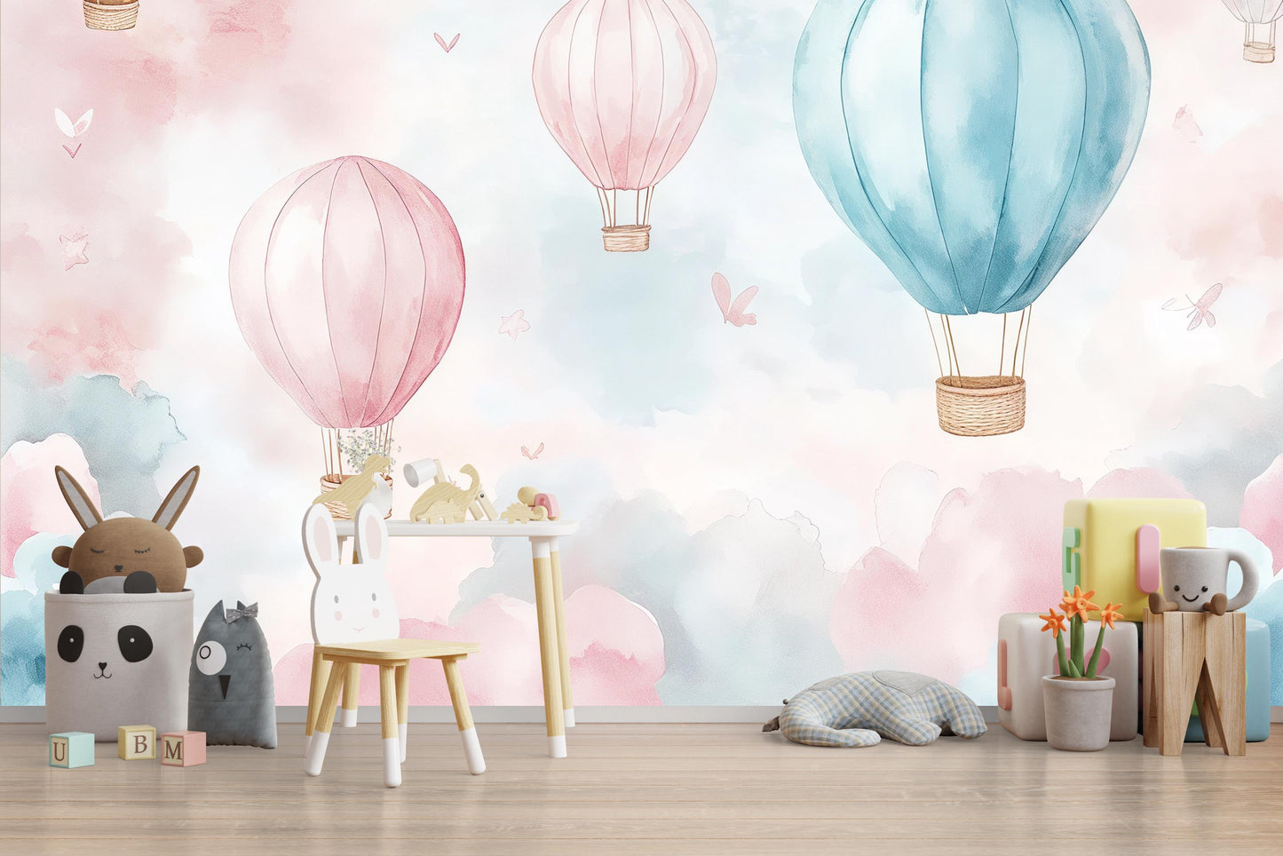 Hot Air Balloon Mural – Pink Blue Cloud Wallpaper Kids Nursery Wall Decor Vn996