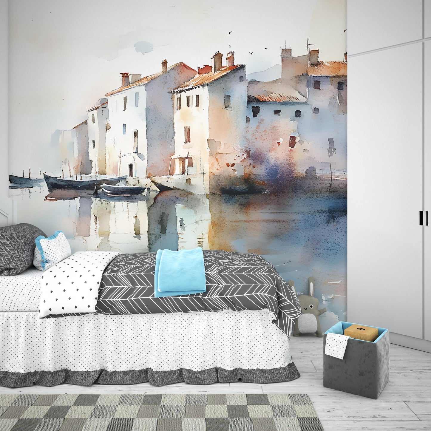Watercolor Coastal Wall Mural | Venice-Inspired Wall Art | Removable Bedroom Wallpaper | Mediterranean Art Décor Vn548