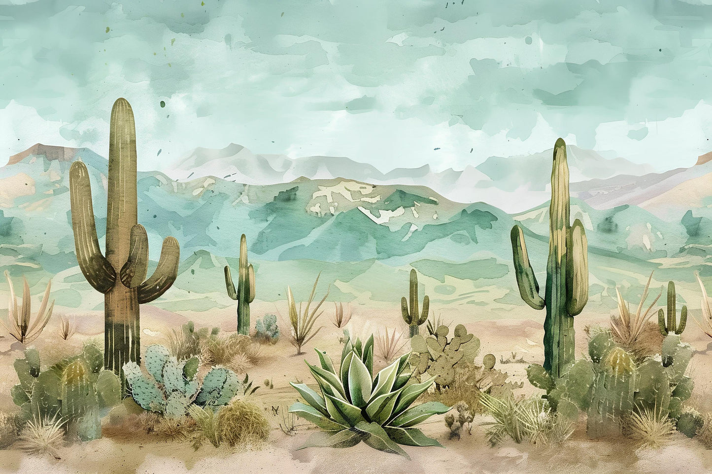 Watercolor Desert Cactus Wall Mural – Southwest Landscape Wallpaper with Mountains Vn1010