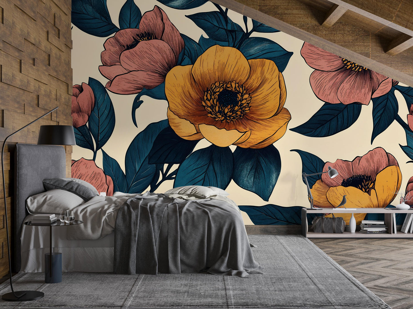 Vintage Floral Wall Mural – Yellow & Pink Flower Wallpaper Vn1026
