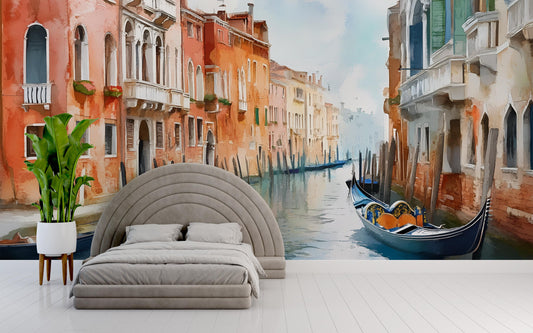 Venice Canal Gondola Wall Mural – Watercolor Italy Wallpaper Vn919