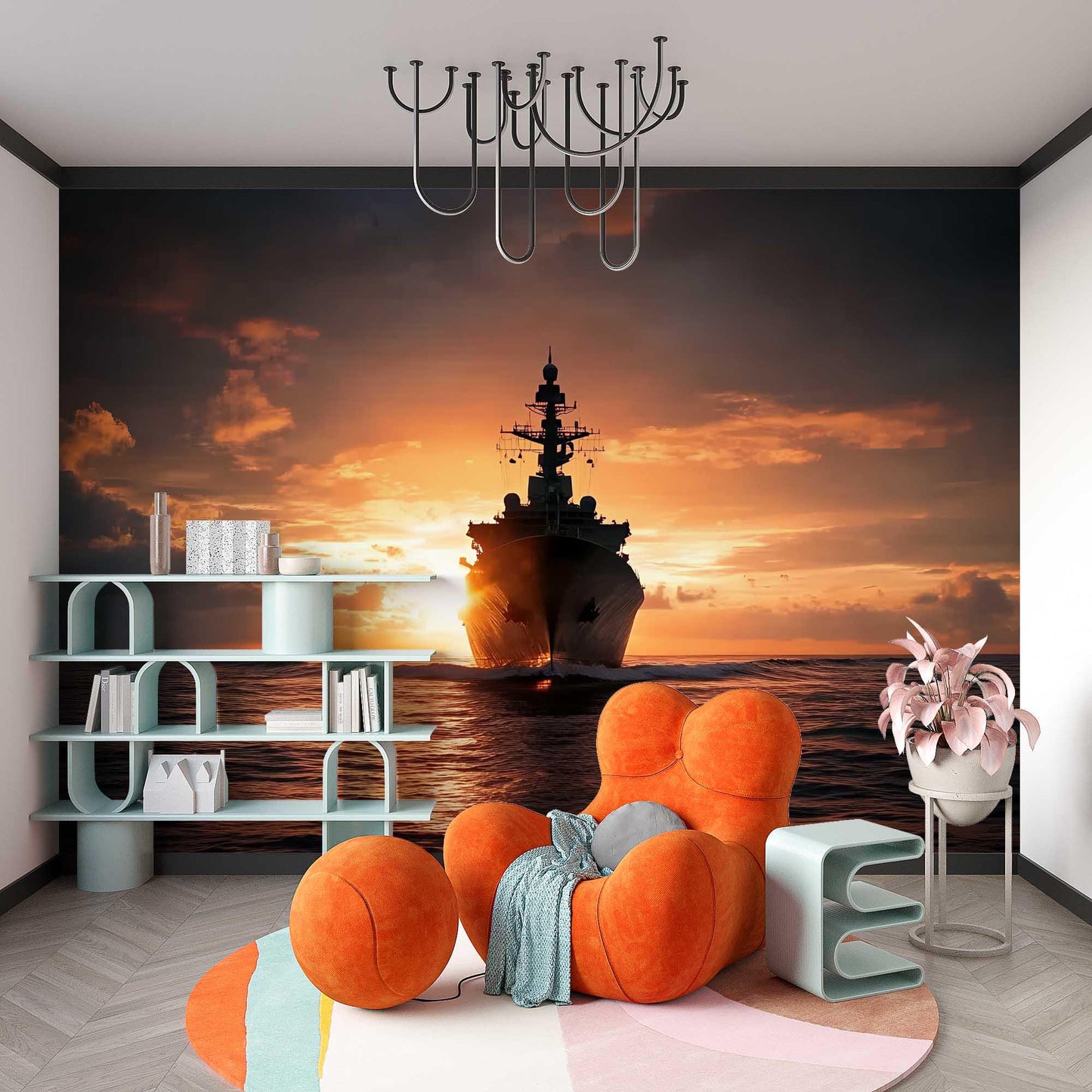 Nautical Kids Bedroom Decor Set with Ship Sunset Wall Mural & Bear Bedding | Ocean Theme Boy Room Furniture Set Vn452