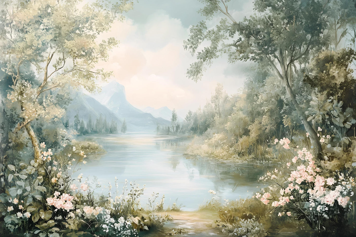 Floral Lake Wall Mural – Nature Landscape Wallpaper for Kids Room Vn973