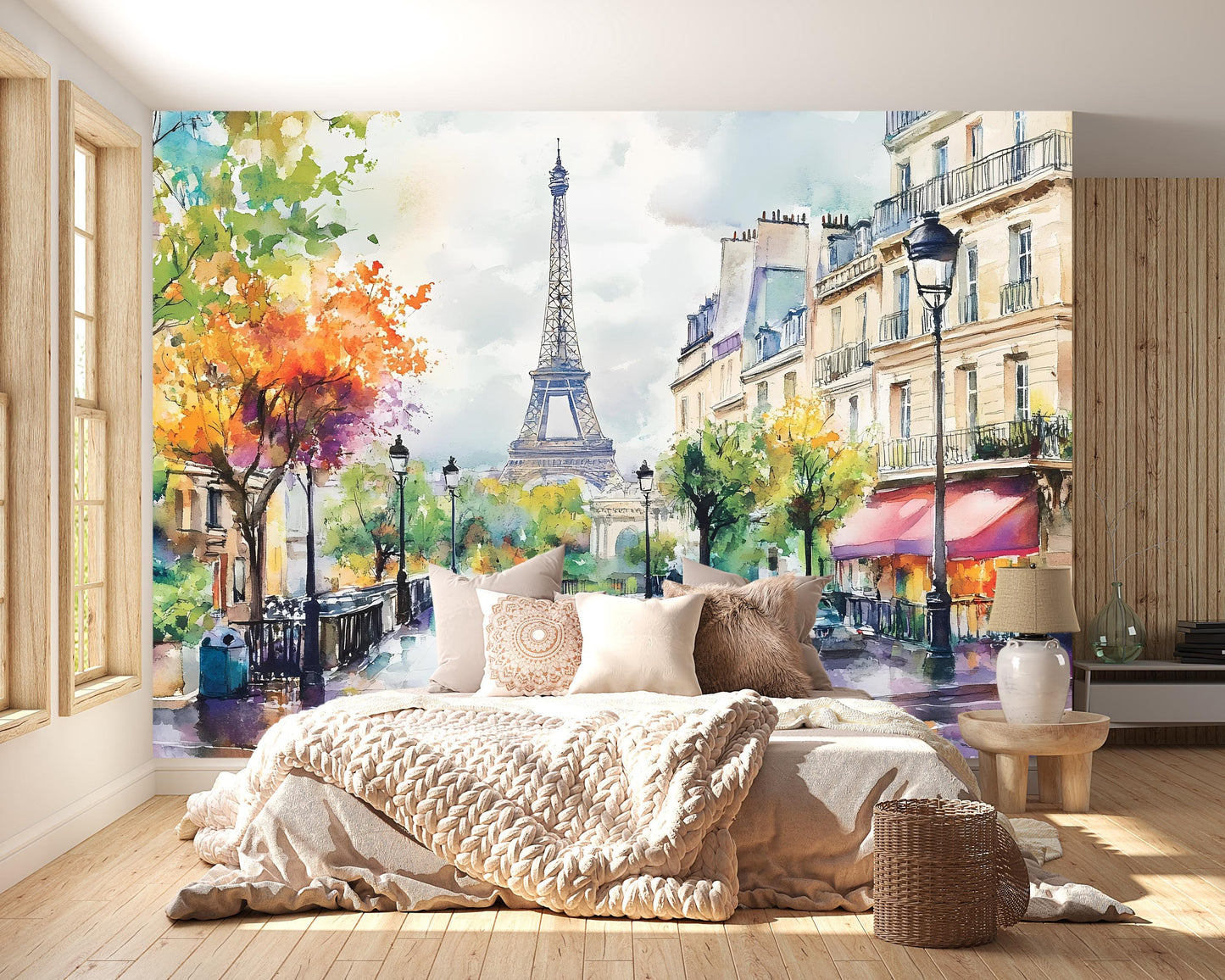 Paris Eiffel Tower Wall Mural – Watercolor Street View Wallpaper Vn931
