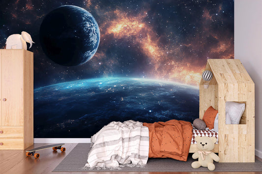 Planet Earth Wall Mural – Outer Space Galaxy Wallpaper, Cosmic Accent Wall for Living Room or Bedroom Vn864