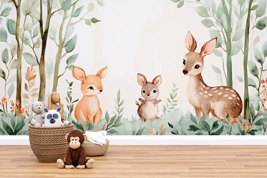 Woodland Animal Nursery Wall Mural – Deer & Bunny Forest Wallpaper – Baby Room Decor – Removable Kids Wall Art Vn 296