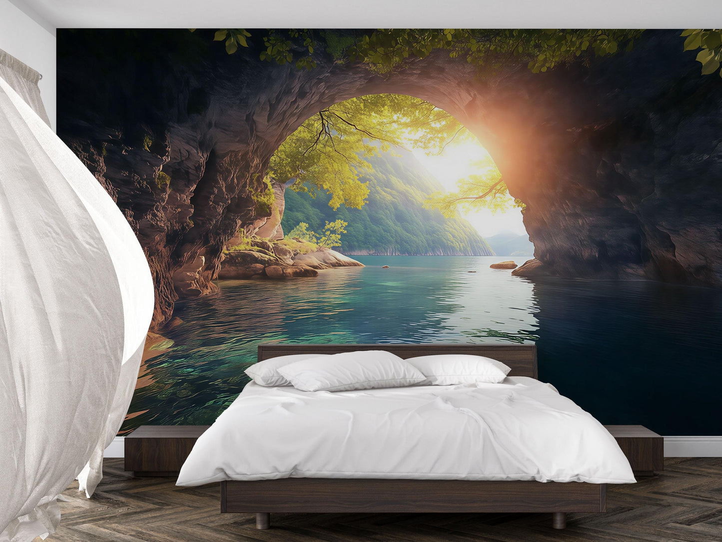 Sunlit Cave Wall Mural – Nature Landscape Wallpaper for Bedroom Decor Vn872