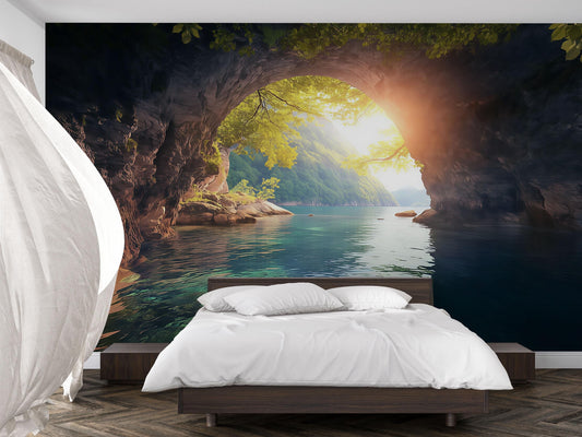 Sunlit Cave Wall Mural – Nature Landscape Wallpaper for Bedroom Decor Vn872