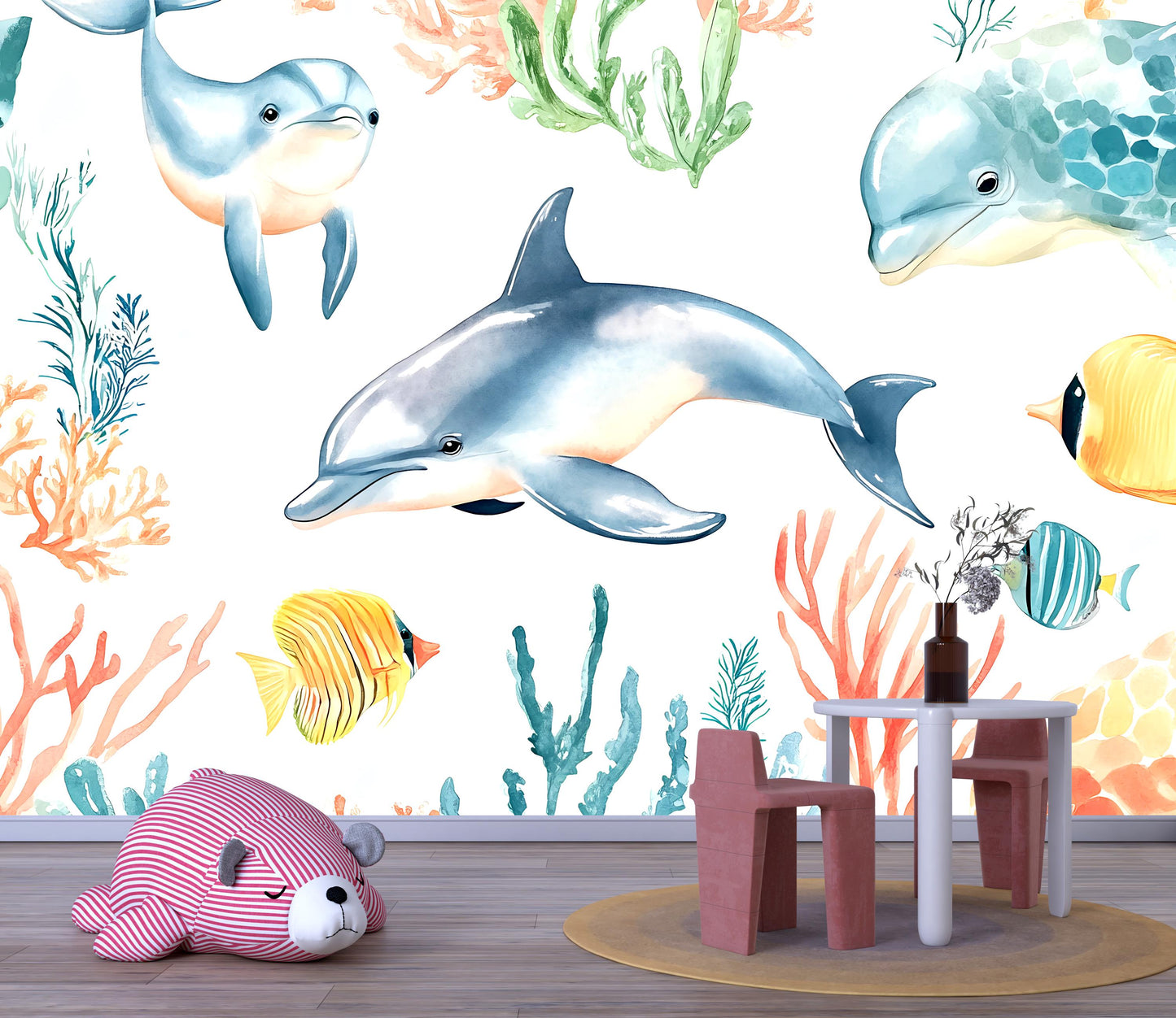 Dolphin Wall Mural – Underwater Ocean Wallpaper for Kids Room & Nursery Vn984