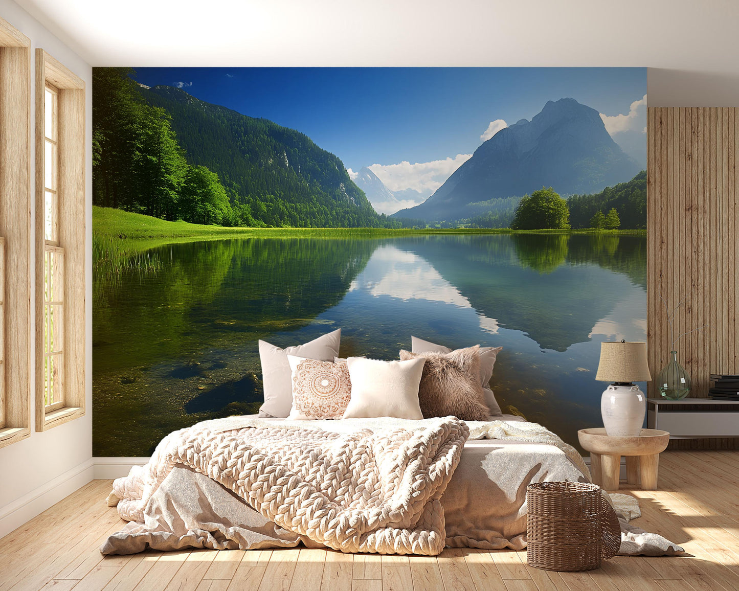 Mountain Lake Wall Mural - Scenic Nature Bedroom Wallpaper - Tranquil Forest Lake View Decor - Removable Peel and Stick Mural Vn688