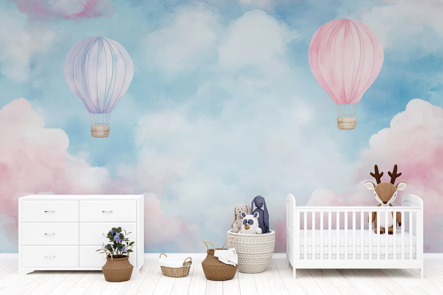 Hot Air Balloon Mural – Pink Purple Cloud Wallpaper Kids Nursery Wall Decor Vn997