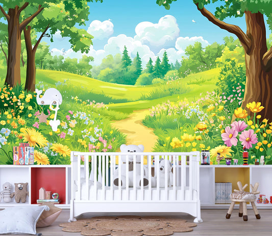Whimsical Forest Meadow Wall Mural for Kids Room – Nature Cartoon Landscape Wallpaper for Nursery or Playroom Decor Vn618