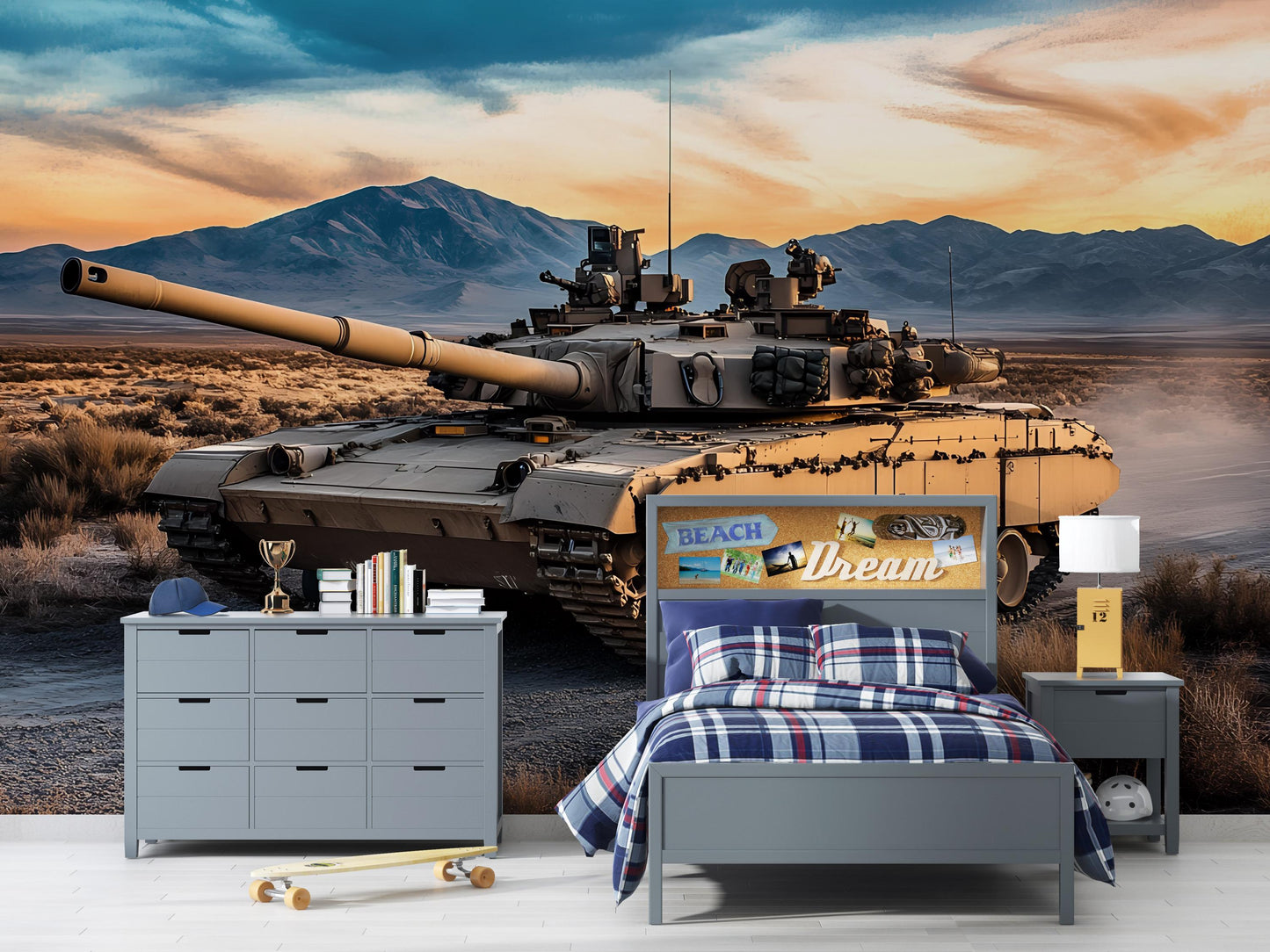Tank Wall Mural for Boys Room - Military Themed Wallpaper - Cool Army Decor for Teen Bedroom - Desert Combat Scene Vn461