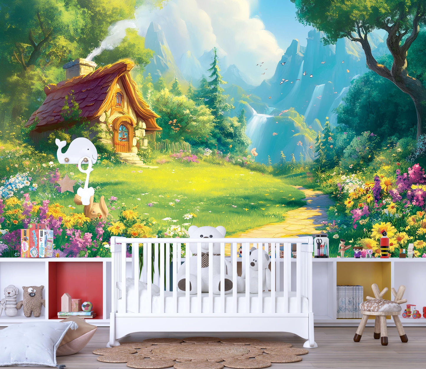 Whimsical Forest Wall Mural | Kids Room Fairy Tale Wallpaper | Magical Flower Garden Backdrop | Enchanted Nursery Decor Vn711
