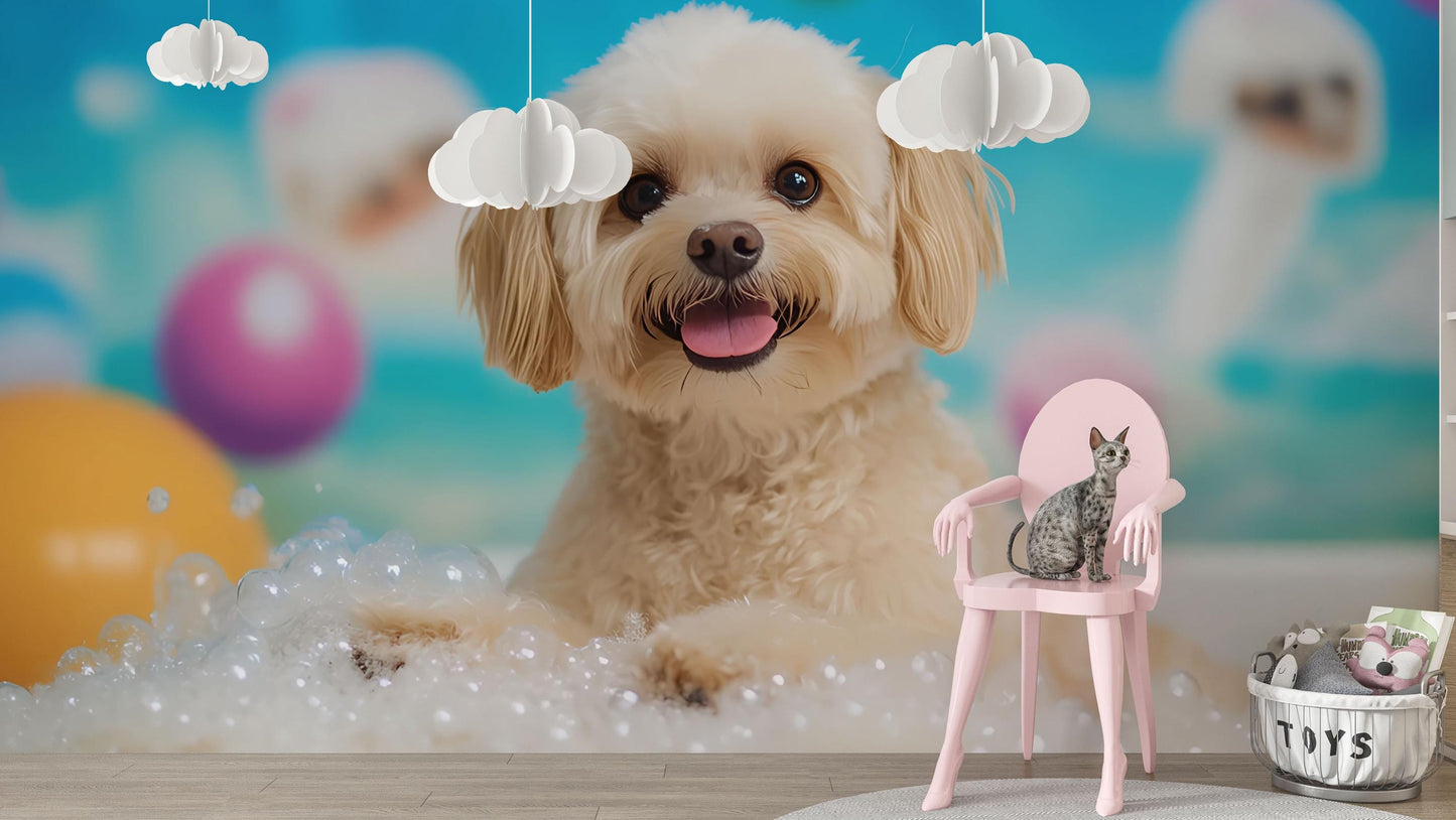 Cute Dog Bubble Bath Wall Mural – Whimsical Pet-Themed Wallpaper for Kids Room or Pet Salon Decor Vn670