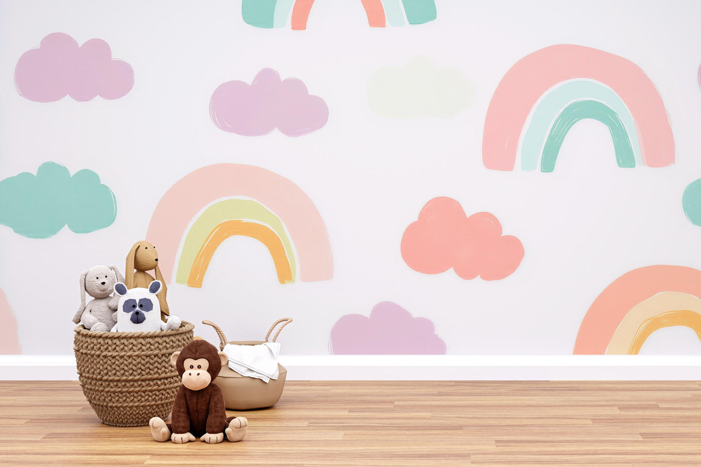 Pastel Rainbow Wall Mural – Cute Kids Room Wallpaper with Clouds for Nursery Decor Vn981