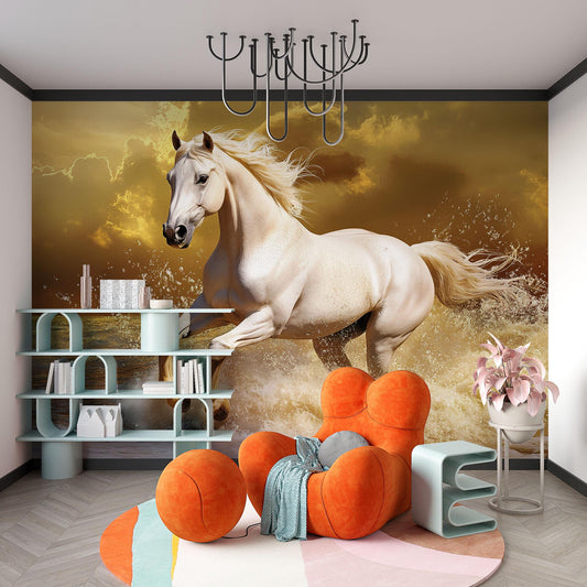 White Stallion Wall Mural – Realistic Galloping Horse in Ocean Waves Wallpaper Vn778
