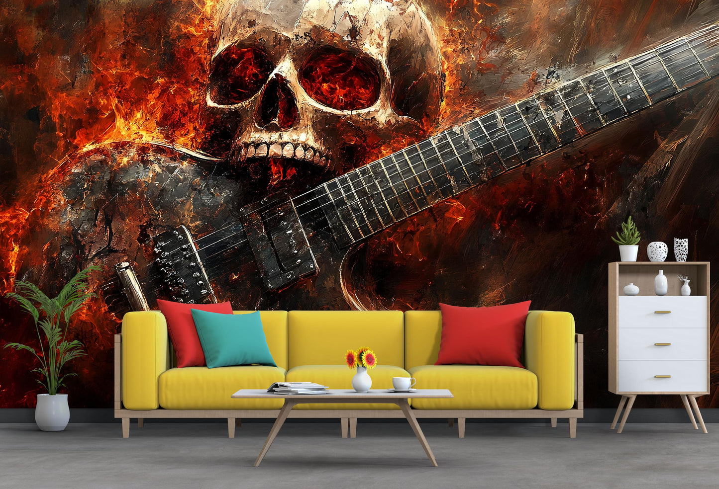 Skull & Guitar Fire Wall Mural – Heavy Metal Rock Bedroom Art Decor Vn719