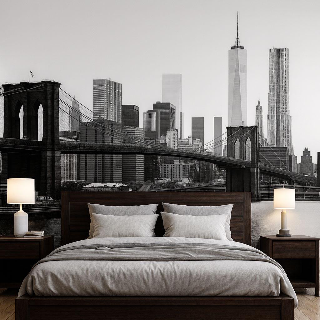 Brooklyn Bridge Wall Mural – NYC Skyline Black White Wallpaper, Modern City Art Vn886