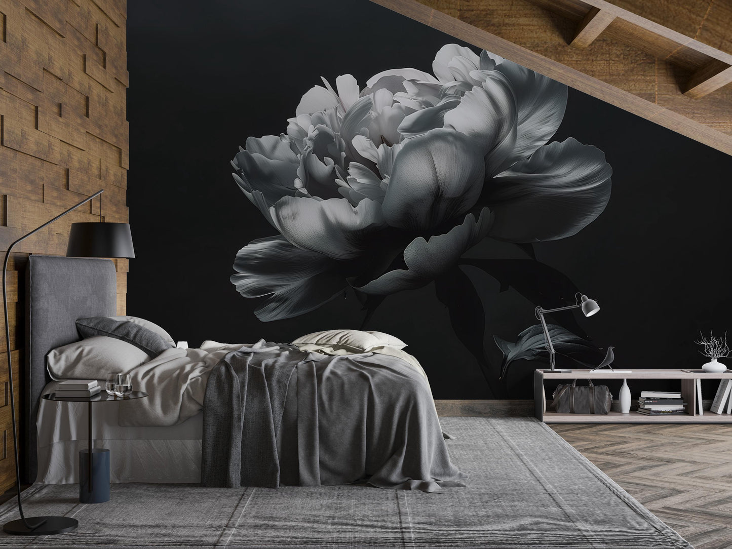 Black and White Peony Wall Mural – Large Dark Floral Wallpaper for Bedroom Accent Wall Vn1050