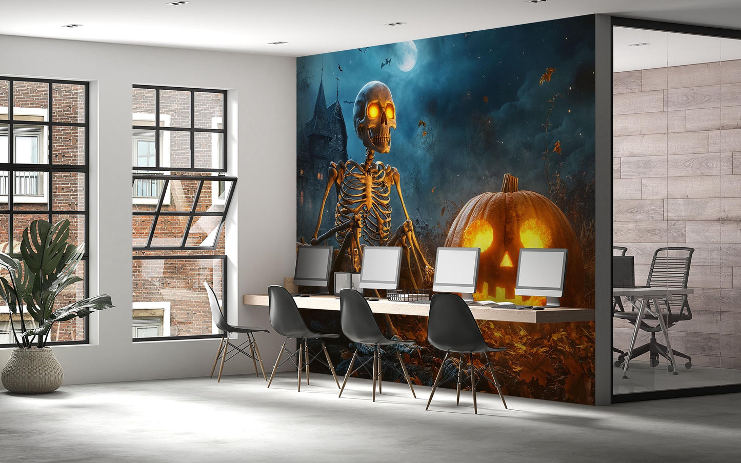 Skeleton & Jack-O’-Lantern Wall Mural – Spooky Halloween Bedroom Décor Vn796