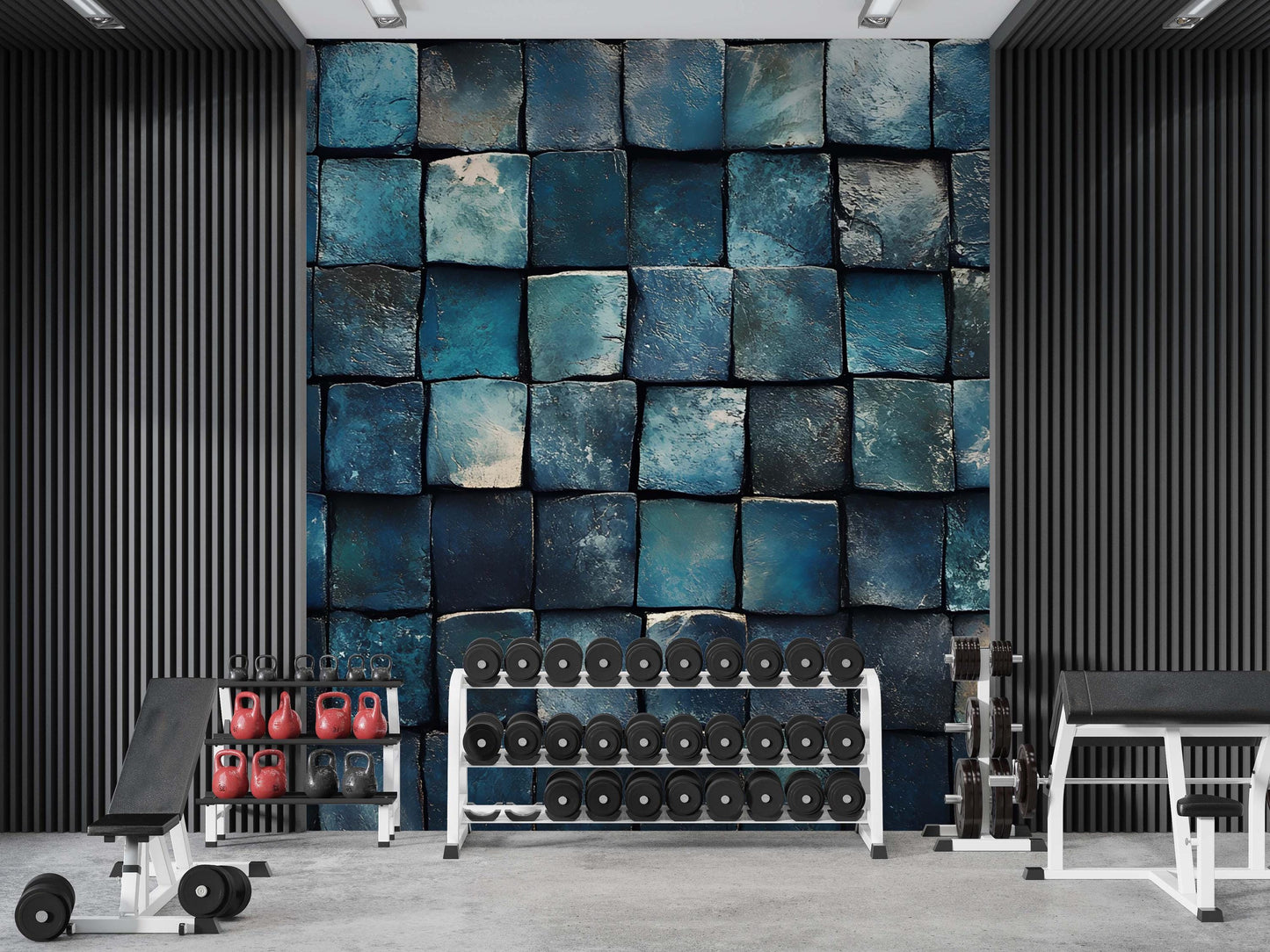 Modern Office Wall Art – Blue Abstract Tile Pattern Mural for Workspace Decor Vn745