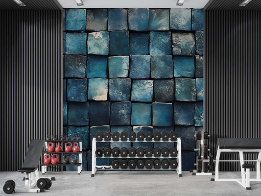 Modern Office Wall Art – Blue Abstract Tile Pattern Mural for Workspace Decor Vn745