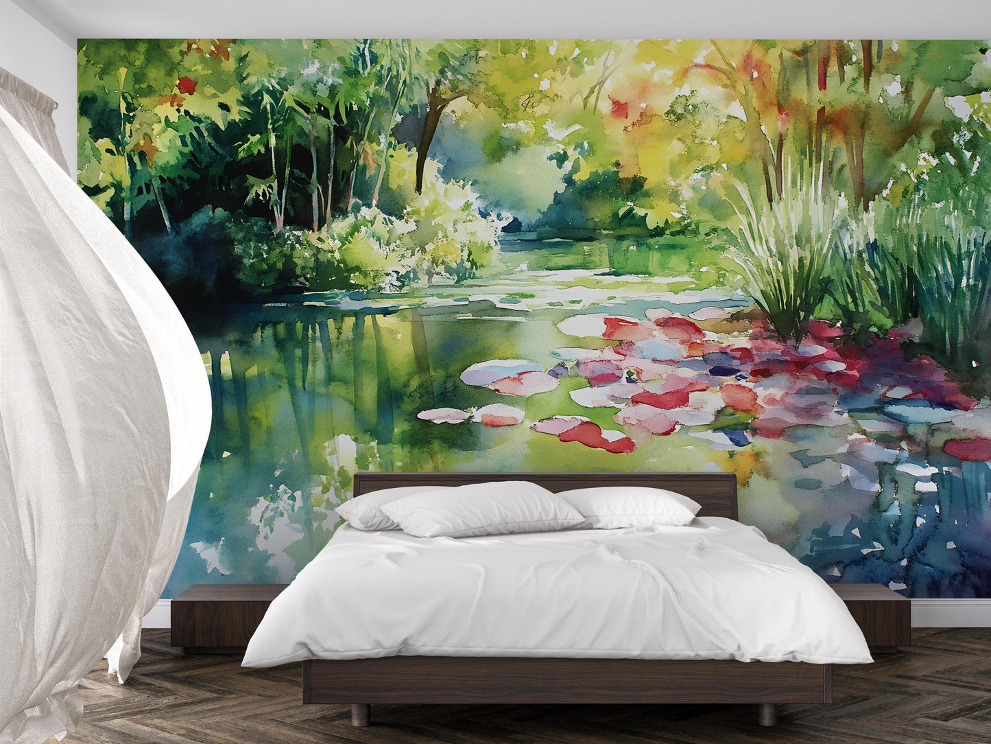 Watercolor Nature Wall Mural | Tranquil Forest Lake Wallpaper | Bedroom Accent Wall Art Vn550