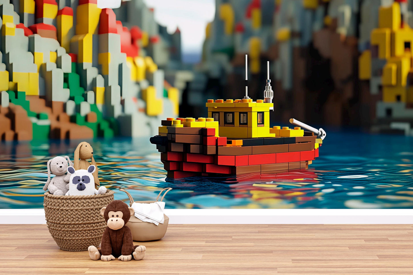 Lego Toy Boat Wall Mural | Kids Room Nautical Decor | Colorful Ocean Theme Wallpaper | 3D Playroom Art | Boys Girls Nursery Print Vn593