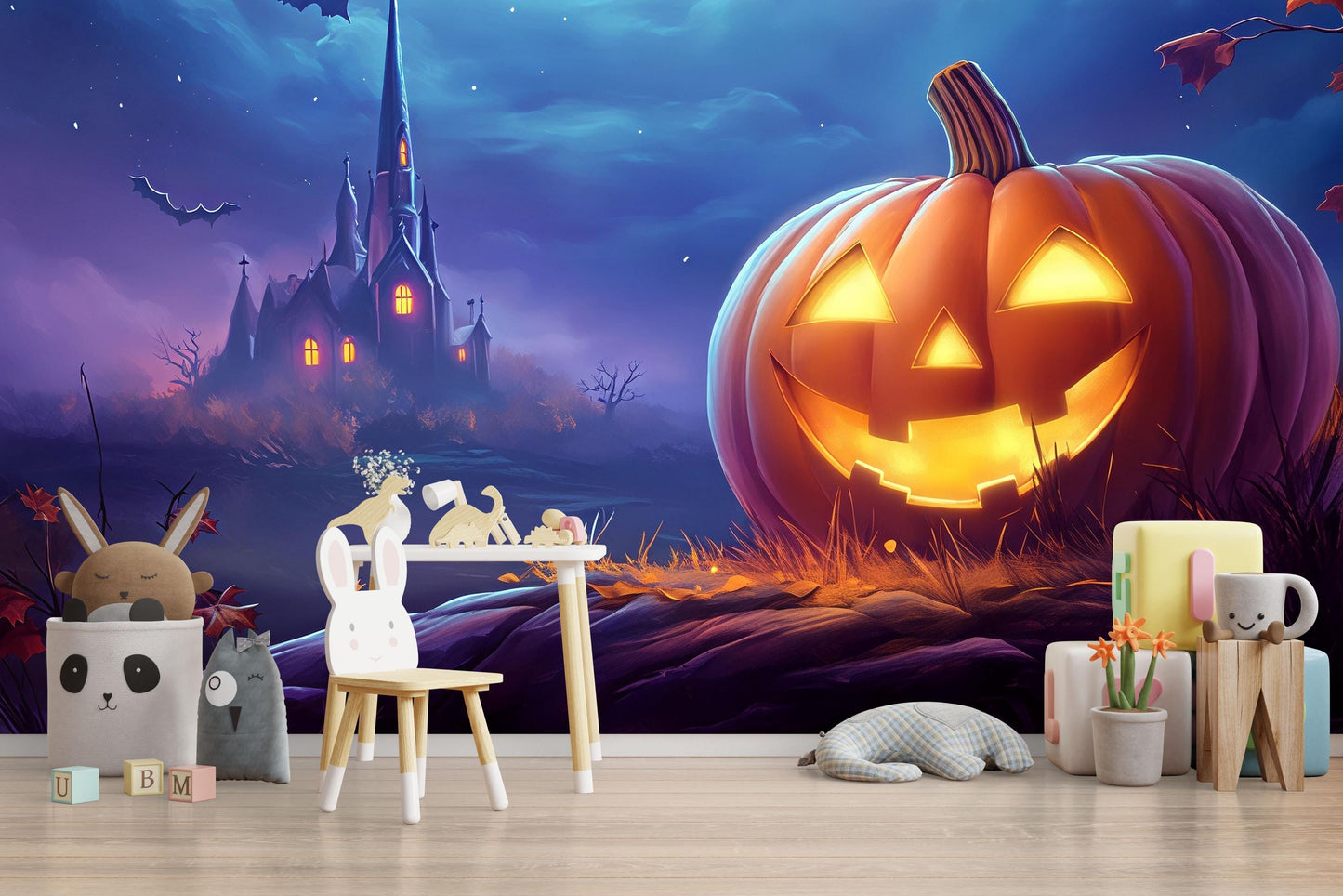 Haunted House & Jack-O’-Lantern Halloween Wall Mural – Spooky Night Scene Vn814