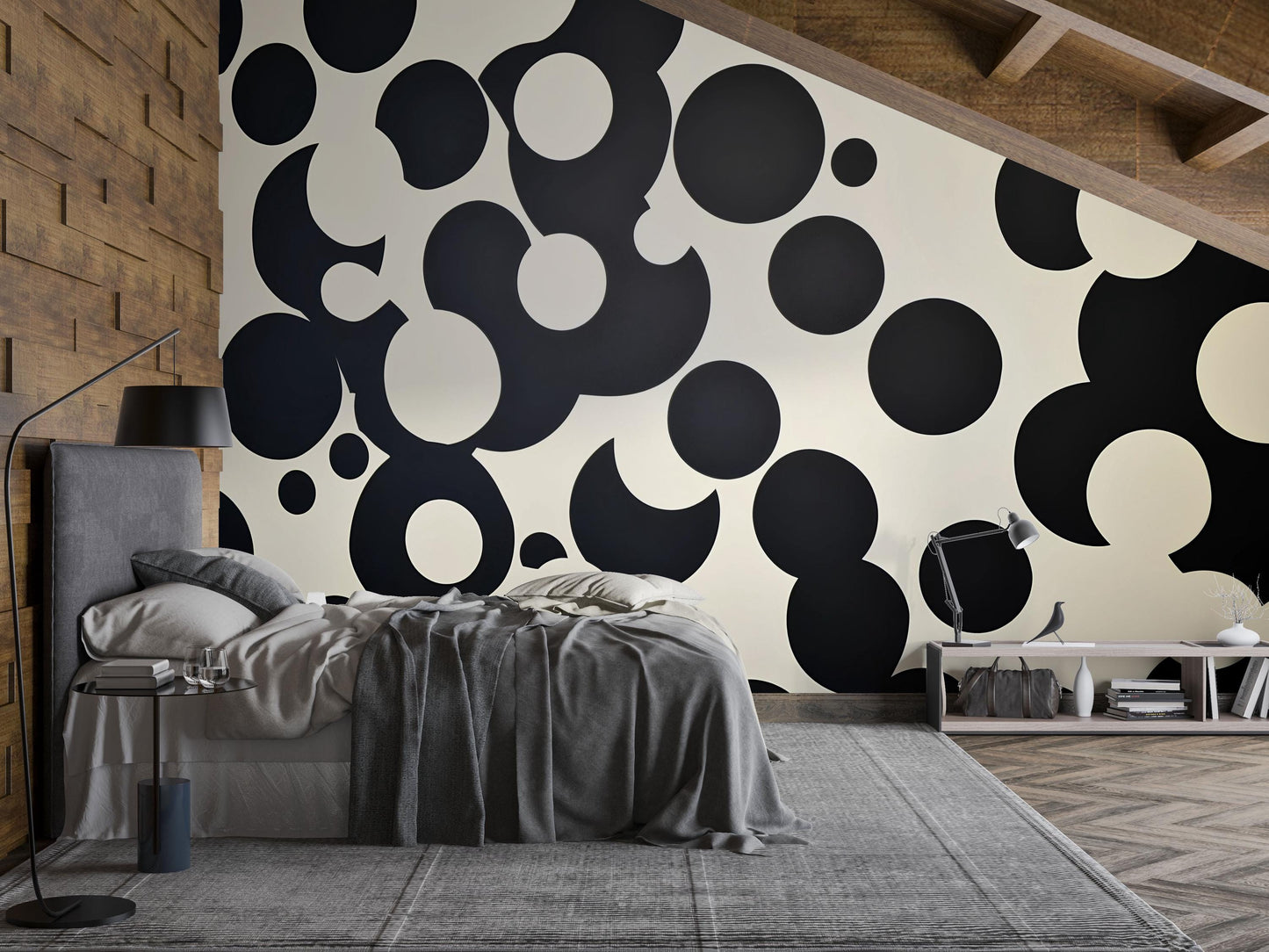 Black & Beige Circle Wall Mural – Modern Geometric Dot Pattern Wallpaper Vn839