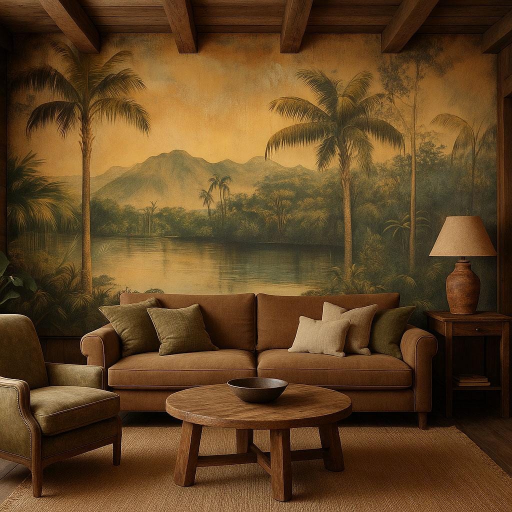 Tropical Vintage Wall Mural – Palm Tree Jungle Landscape Wallpaper Vn828