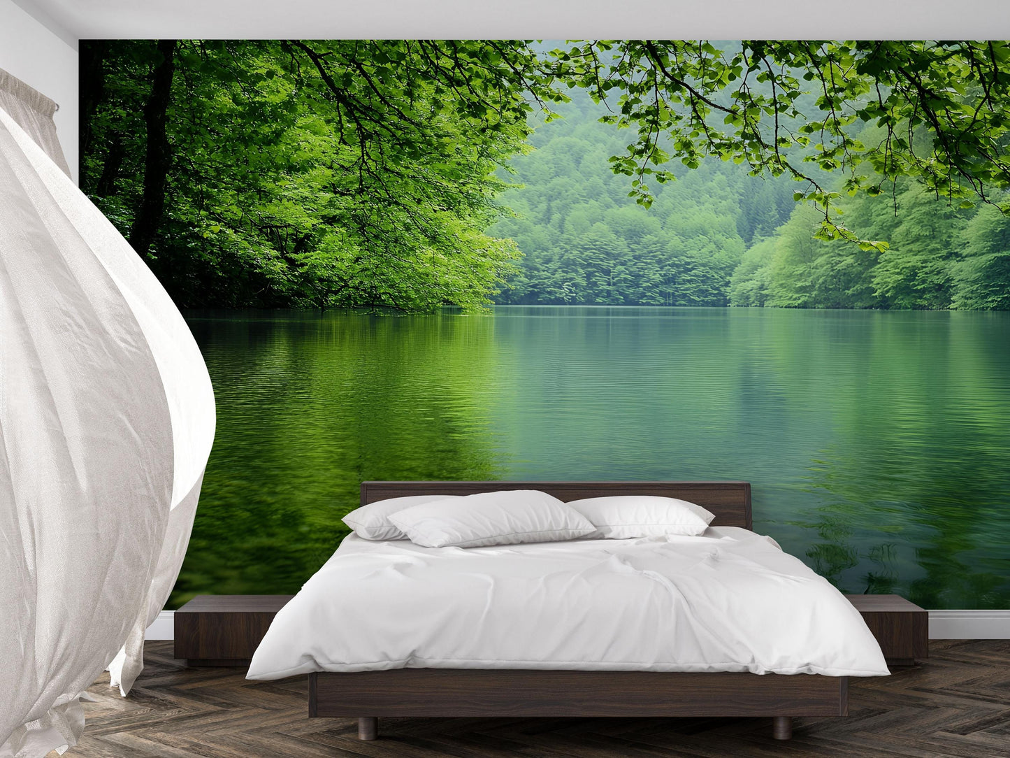 Forest Lake Wall Mural | Tranquil Nature Scene Wallpaper | Bedroom Feature Wall Decor | Green Landscape Lake View Photo Mural Vn686
