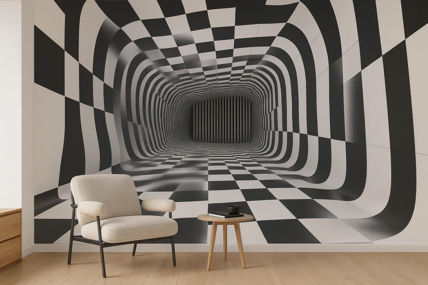 3D Optical Illusion Wall Mural – Black White Tunnel Wallpaper Vn907