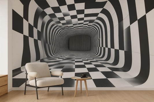 3D Optical Illusion Wall Mural – Black White Tunnel Wallpaper Vn907