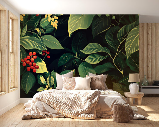 Tropical Botanical Wall Mural – Large Leaf Jungle Wallpaper for Bedroom, Peel and Stick Nature-Inspired Accent Wall Vn206