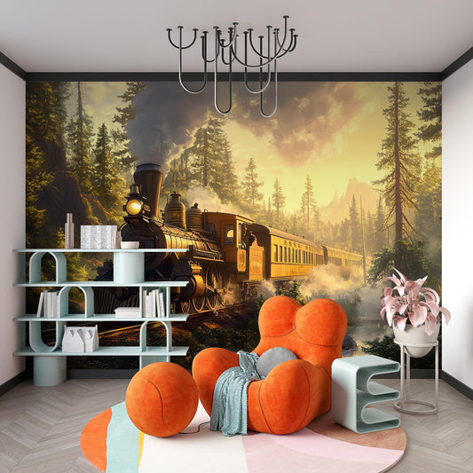 Vintage Steam Train Nursery Mural – Forest Adventure Wall Art for Kids Room Vn223