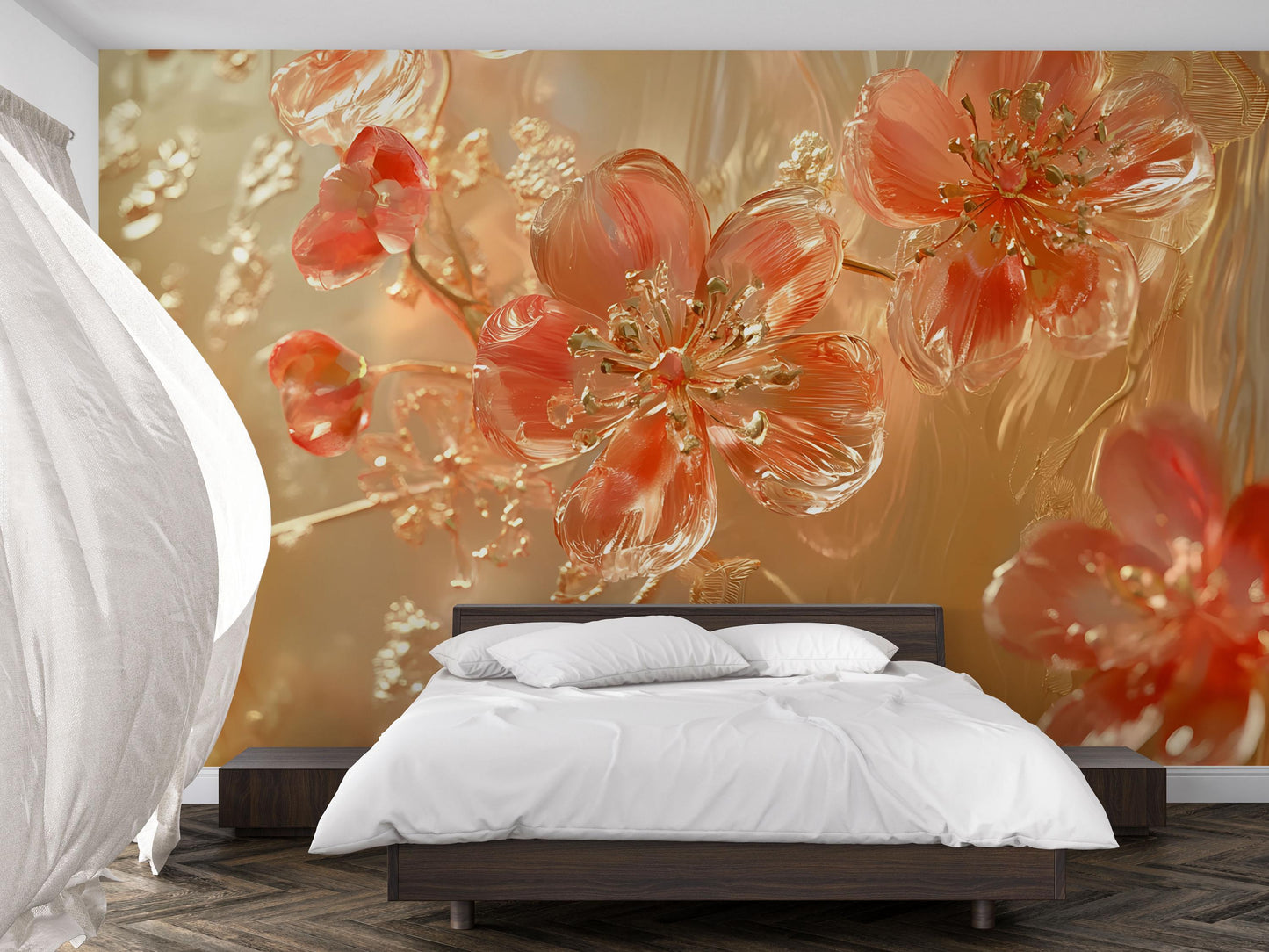 3D Red Floral Wall Mural – Large Glass Effect Flower Wallpaper for Bedroom Accent Wall Décor Vn598