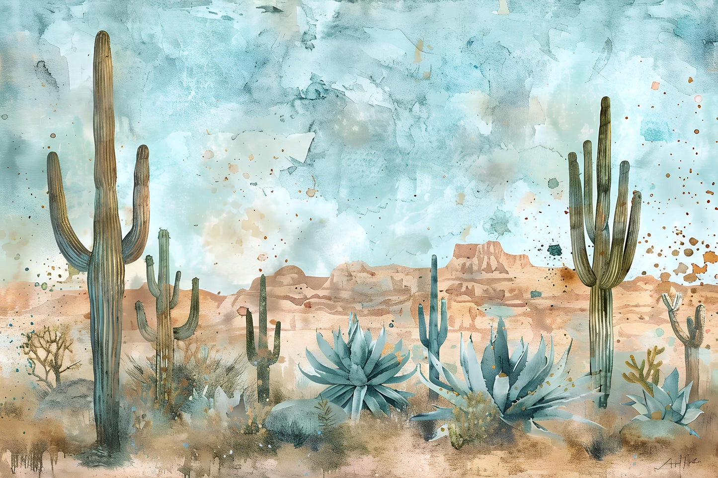 Southwestern Desert Cactus Wall Mural – Boho Western Landscape Wallpaper Vn1005