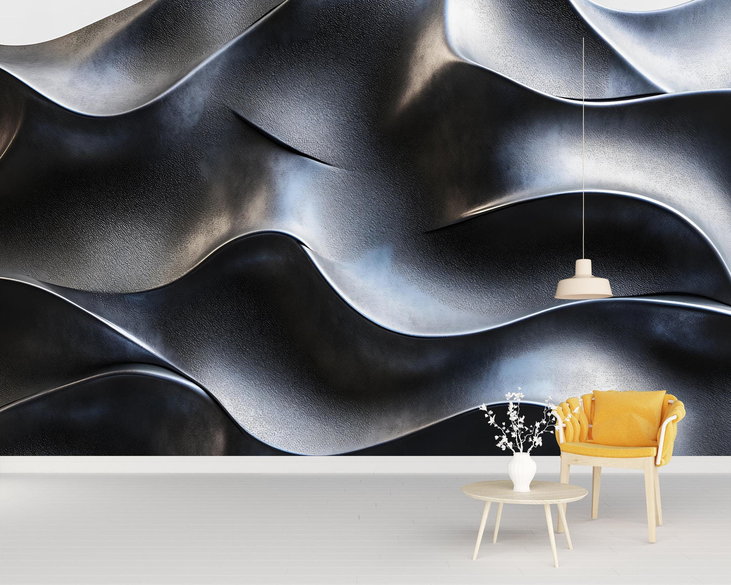 Black Wave Textured Wall Art | Modern 3D Abstract Wallpaper Mural | Luxury Dark Interior Accent Vn591